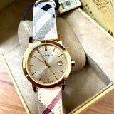 Burberry The City Gold Dial Haymarket Brown Leather Strap Watch for Women - BU9026 Authentic Buy Shop Now