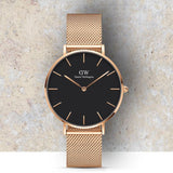 Daniel Wellington Classic Melrose Black Dial Rose Gold Mesh Bracelet Watch For Women - DW00100161 Authentic Buy Shop Now