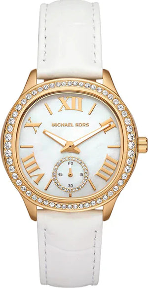 Michael Kors Sage Three-Hand Mother of Pearl White Dial White Leather Strap Watch for Women - MK4818 Authentic Buy Shop Now