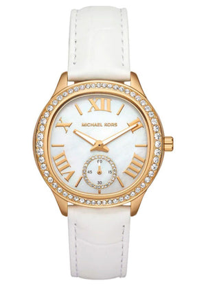 Michael Kors Sage Three-Hand Mother of Pearl White Dial White Leather Strap Watch for Women - MK4818 Authentic Buy Shop Now