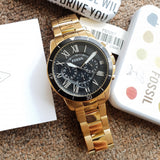 Fossil Inscription Automatic Black Dial Gold Steel Strap Watch for Men - FS5267 Authentic Buy Shop Now