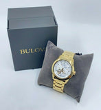 Bulova BVA Skeleton Silver Dial Gold Steel Strap Watch for Men - 97A108 Authentic Buy Shop Now
