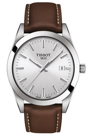 Tissot Gentleman Silver Dial Brown Leather Strap Watch For Men - T127.410.16.031.00 Authentic Buy Shop Now