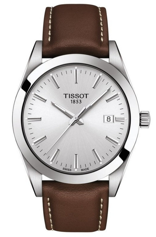 Tissot Gentleman Silver Dial Brown Leather Strap Watch For Men - T127.410.16.031.00 Authentic Buy Shop Now