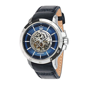 Maserati Ingegno Automatic Blue Skeleton Dial Black Leather Strap Watch For Men - R8821119004 Authentic Buy Shop Now