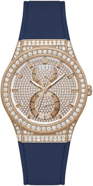 Guess Multifunction Crystals Rose Gold Dial Blue Rubber Strap Watch For Women - GW0439L4 Authentic Buy Shop Now