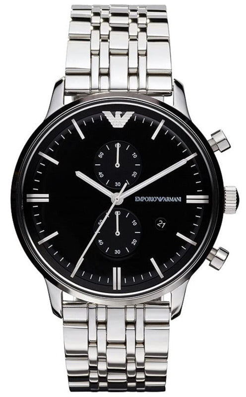 Emporio Armani Chronograph Black Dial Silver Steel Strap Watch For Men - AR0389 Authentic Buy Shop Now