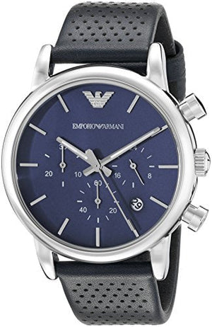 Emporio Armani Luigi Chronograph Blue Dial Black Leather Strap Watch For Men - AR1736 Authentic Buy Shop Now