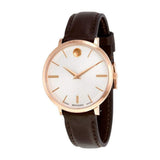 Movado Ultra Slim Silver Dial Brown Leather Strap Watch For Women - 0607093 Authentic Buy Shop Now
