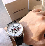 Emporio Armani Meccanico Silver Skeleton Dial Black Leather Strap Watch For Men - AR2072 Authentic Buy Shop Now