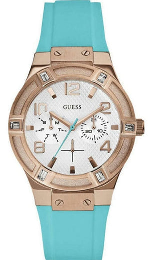 Guess Jet Setter White Dial Turquoise Silicone Strap Watch For Women - W0564L3 Authentic Buy Shop Now