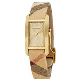 Burberry Pioneer Gold Dial Haymarket Beige Leather Strap Watch for Women - BU9509 Authentic Buy Shop Now
