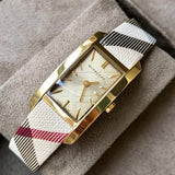 Burberry Pioneer Gold Dial Haymarket Beige Leather Strap Watch for Women - BU9509 Authentic Buy Shop Now