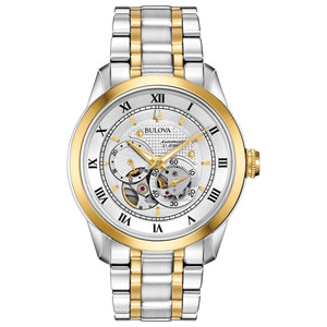 Bulova BVA Skeleton Silver Dial Two Tone Steel Strap Watch for Men - 98A230 Authentic Buy Shop Now