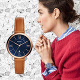 Fossil Jacqueline Three Hand Date Luggage Blue Dial Brown Leather Strap Watch for Women - ES4274 Authentic Buy Shop Now