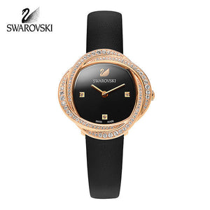 Swarovski Crystal Flower Black Dial Black Leather Strap Watch for Women - 5552421 Authentic Buy Shop Now
