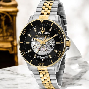 Maserati SFIDA Automatic Skeleton Black Dial Two Tone Steel Strap Watch For Men - R8823140010 Authentic Buy Shop Now
