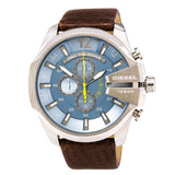 Diesel Mega Chief Chronograph Blue Dial Brown Leather Strap Watch For Men - DZ4281 Authentic Buy Shop Now