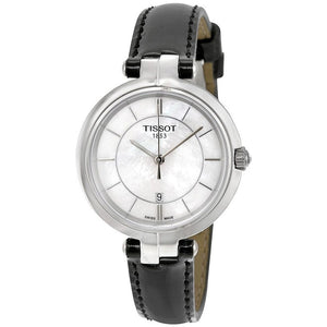Tissot T Lady Flamingo Mother of Pearl White Dial Black Leather Strap Watch for Women - T094.210.16.111.00 Authentic Buy Shop Now
