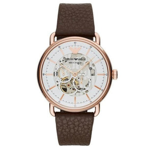 Emporio Armani Meccanico Automatic White Dial Brown Leather Strap Watch For Men - AR60027 Authentic Buy Shop Now