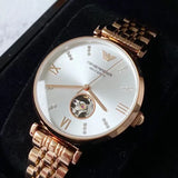 Emporio Armani Gianni T-Bar Silver Dial Rose Gold Steel Strap Watch For Women - AR60023 Authentic Buy Shop Now