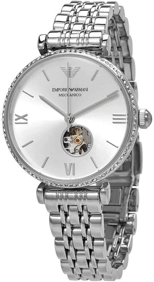 Emporio Armani Gianni T-Bar Automatic Silver Dial Silver Steel Strap Watch For Women - AR60022 Authentic Buy Shop Now