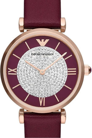 Emporio Armani Gianni T Bar Crystals Maroon Dial Maroon Leather Strap Watch for Women - AR11487 Authentic Buy Shop Now