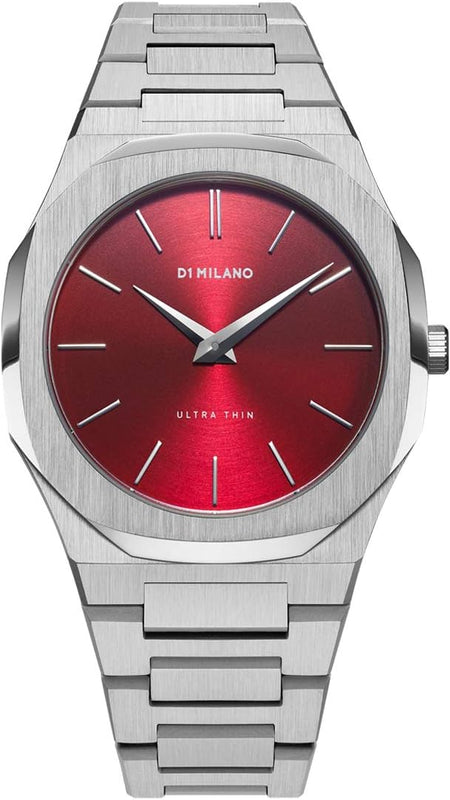 D1 Milano Ultra Thin Red Dial Silver Steel Strap Watch for Men - D1-UTBJ05 Authentic Buy Shop Now