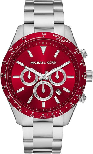 Michael Kors Layton Chronograph Red Dial Silver Steel Strap Watch For Men - MK8822 Authentic Buy Shop Now