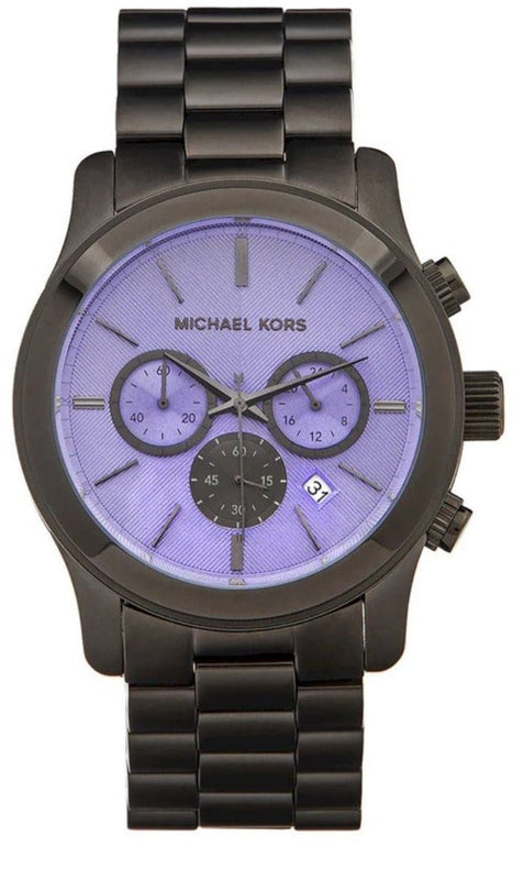 Michael Kors Runway Chronograph Purple Dial Black Steel Strap Watch For Women - MK5954 Authentic Buy Shop Now
