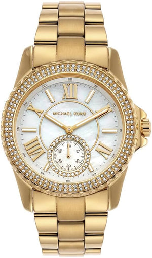 Michael Kors Everest Three Hand Mother of Pearl White Dial Gold Steel Strap Watch For Women - MK7401 Authentic Buy Shop Now