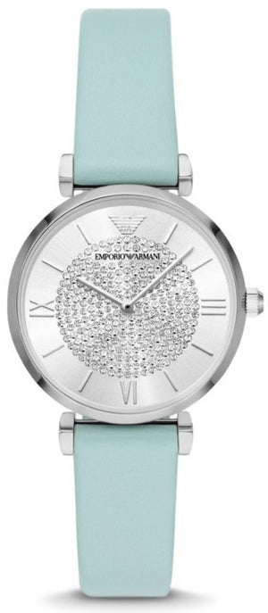 Emporio Armani Gianni T Bar Analog Crystals Silver Dial Blue Leather Strap Watch For Women - AR11443 Authentic Buy Shop Now
