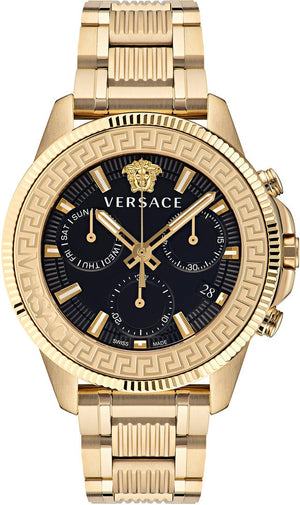 Versace Greca Action Chronograph Black Dial Gold Steel Strap Watch For Men - VE3J00622 Authentic Buy Shop Now