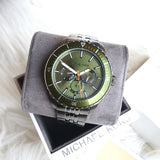 Michael Kors Cunningham Multifunction Chronograph Green Dial Grey Steel Strap Watch For Men - MK7158 Authentic Buy Shop Now