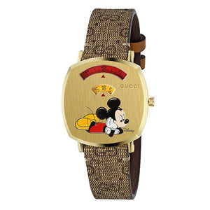 Gucci Grip Disney Mickey Mouse Gold Dial Brown Leather Strap Watch For Women - YA157420 Authentic Buy Shop Now