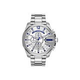 Diesel Mega Chief Chronograph White Dial Silver Steel Strap Watch For Men - DZ4477 Authentic Buy Shop Now