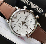 Emporio Armani Luigi Chronograph Silver Dial Brown Leather Strap Watch for Men - AR1846 Authentic Buy Shop Now