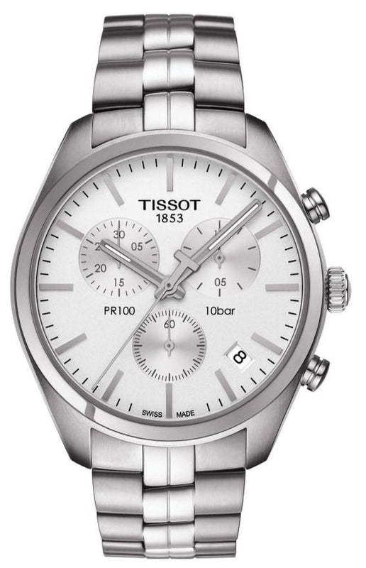 Tissot T Classic PR 100 Chronograph Silver Dial Silver Steel Strap Watch For Men - T101.417.11.031.00 Authentic Buy Shop Now