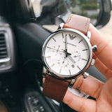Emporio Armani Luigi Chronograph Silver Dial Brown Leather Strap Watch for Men - AR1846 Authentic Buy Shop Now