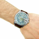 Diesel Mega Chief Chronograph Blue Dial Brown Leather Strap Watch For Men - DZ4281 Authentic Buy Shop Now