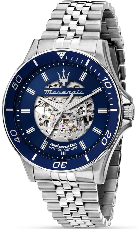 Maserati SFIDA Automatic Skeleton Blue Dial Silver Steel Strap Watch For Men - R882314001 Authentic Buy Shop Now