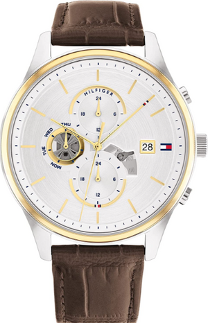 Tommy Hilfiger Weston Chronograph Silver Dial Brown Leather Strap Watch For Men - 1710501 Authentic Buy Shop Now