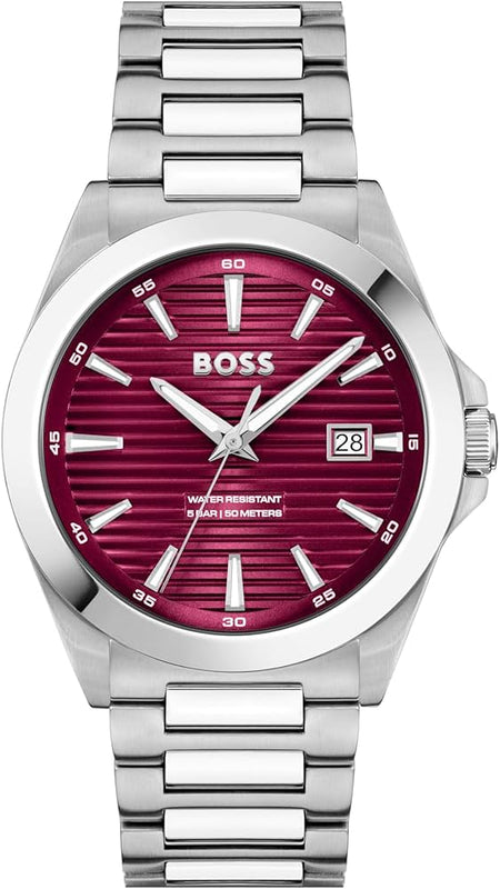 Hugo Boss Strike Red Dial Silver Steel Strap Watch for Men - 1514174 Authentic Buy Shop Now