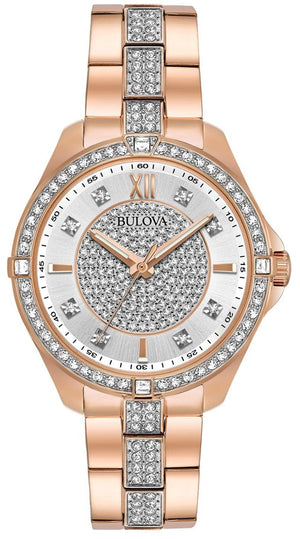 Bulova Crystal Collection Silver Dial Rose Gold Steel Strap Watch for Women - 98L229 Authentic Buy Shop Now