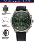 Tommy Hilfiger Asher Chronograph Green Dial Black Leather Strap Watch For Men - 1791856 Authentic Buy Shop Now