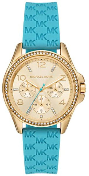 Michael Kors Mini Pilot Quartz Gold Dial Blue Silicone Strap Watch For Women - MK7374 Authentic Buy Shop Now