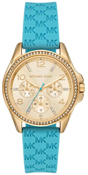 Michael Kors Mini Pilot Quartz Gold Dial Blue Silicone Strap Watch For Women - MK7374 Authentic Buy Shop Now
