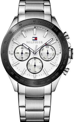 Tommy Hilfiger Hudson Chronograph White Dial Silver Steel Strap Watch For Men - 1791227 Authentic Buy Shop Now