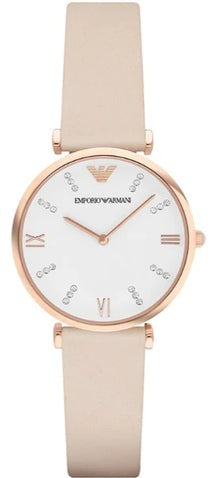Emporio Armani Gianni T Bar Quartz White Dial Beige Leather Strap Watch For Women - AR1927 Authentic Buy Shop Now
