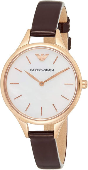 Emporio Armani Aurora Mother of Pearl White Dial Brown Leather Strap Watch For Women - AR11057 Authentic Buy Shop Now